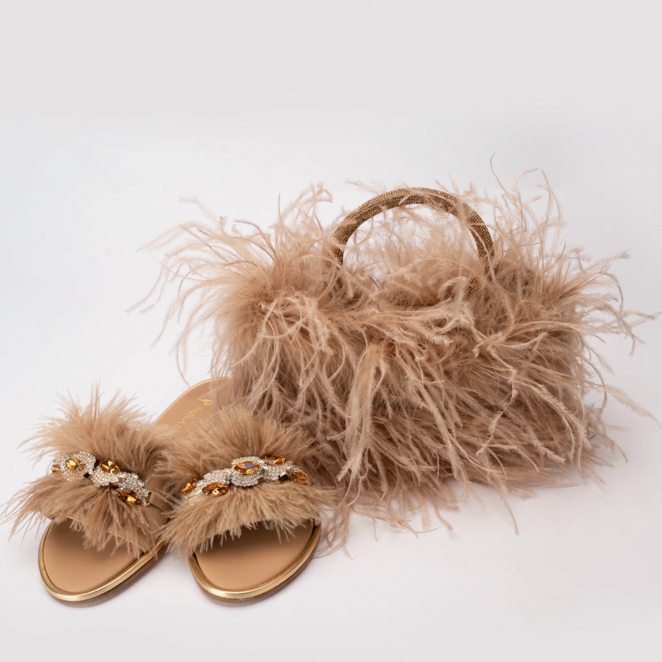 PAOLA FIORENZA Geantă damă bej pal cu penaj - vezi 3