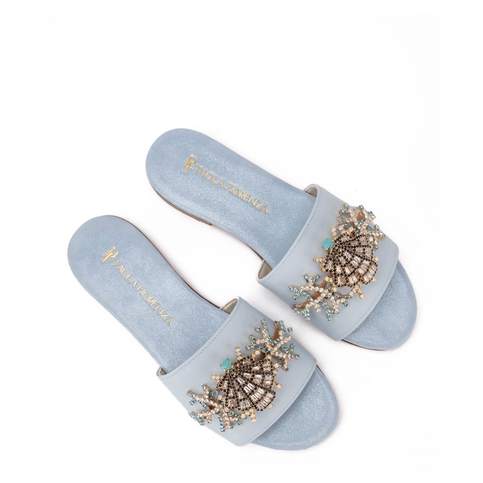 PAOLA FIORENZA Papuci damă albaștri cu broșă - vezi 3